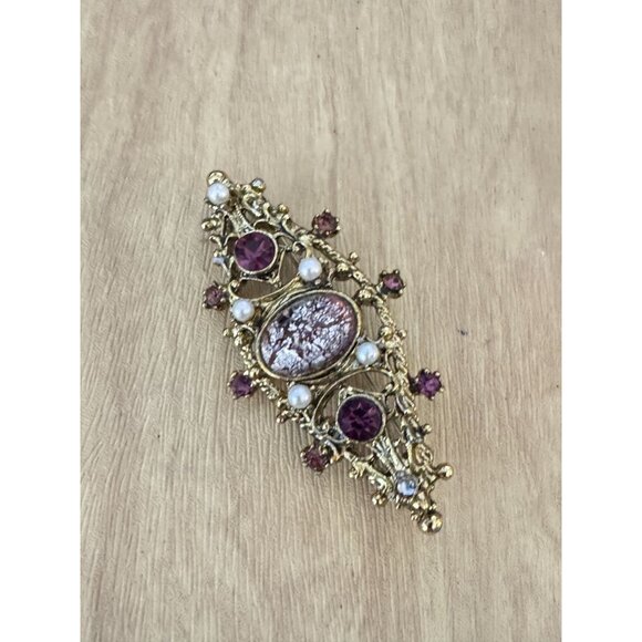 Vintage Edwardian Brooch Amethyst Rhinestones Foil Center Tube Closure Gold Tone - Picture 6 of 9